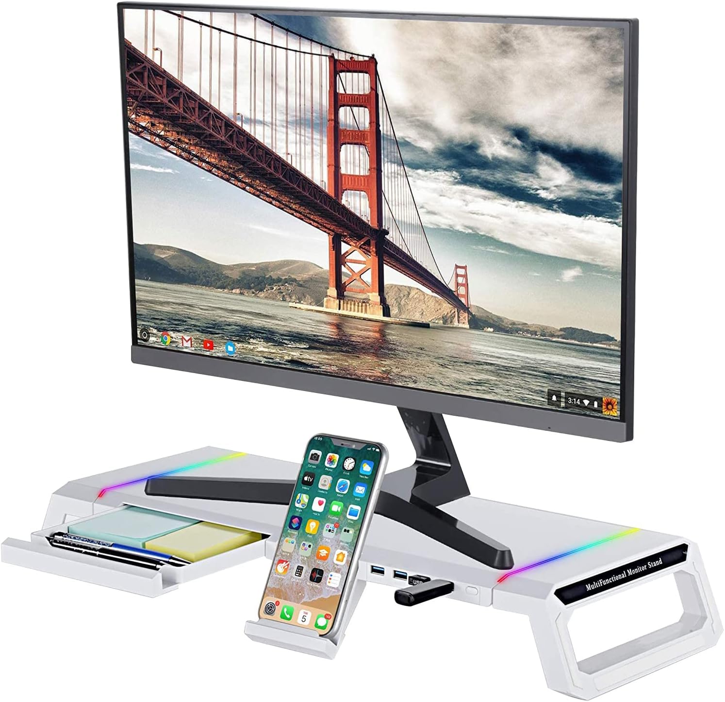 RGB Gaming Computer Monitor Stand Riser with Drawer,Storage and Phone ...