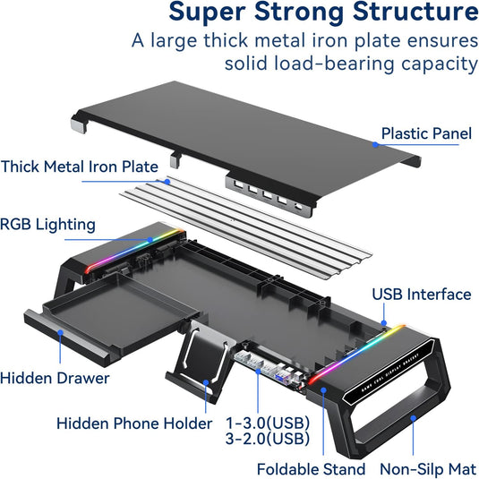 RGB Gaming Computer Monitor Stand Riser with Drawer,Storage and Phone Holder - 1 USB 3.0 and 3 USB 2.0 Hub, 3 Length Adjustable