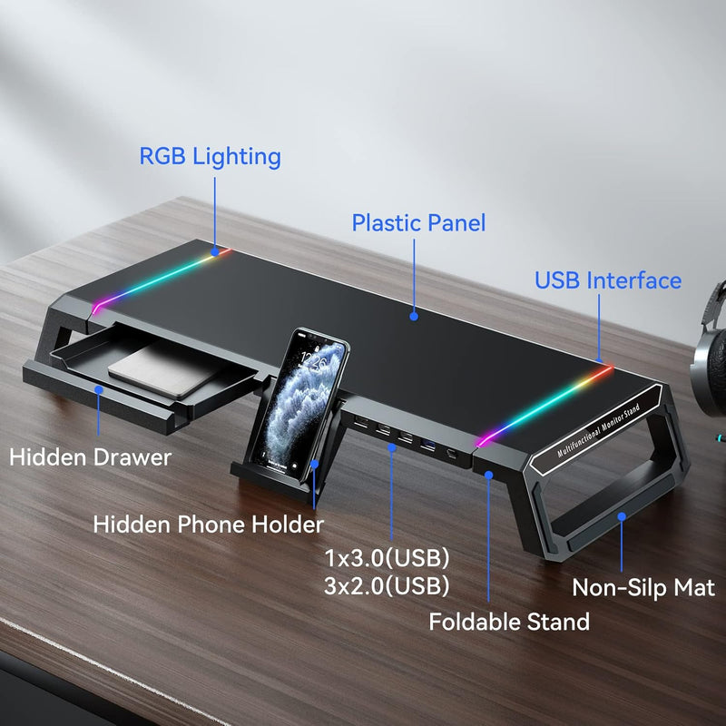 Load image into Gallery viewer, RGB Gaming Computer Monitor Stand Riser with Drawer,Storage and Phone Holder - 1 USB 3.0 and 3 USB 2.0 Hub, 3 Length Adjustable
