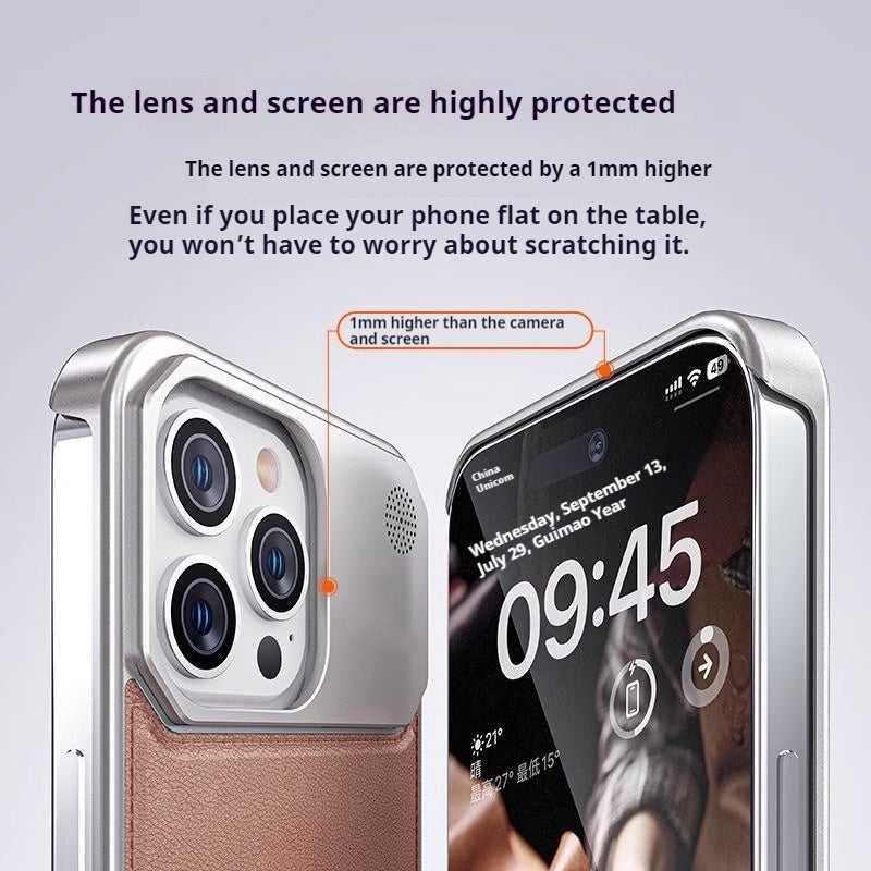 Load image into Gallery viewer, Apple iPhone 16/Pro/Pro Max Leather Titanium Gray Metal Frameless Telescopic Essentials Series Case
