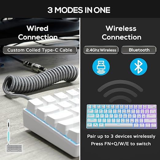 Load image into Gallery viewer, 60% Mechanical Keyboard with Coiled Cable, 2.4Ghz/Bluetooth/Wired, Wireless Bluetooth Mini Keyboard 61 Keys, RGB Hot Swappable Blue Switch Gaming Keyboard
