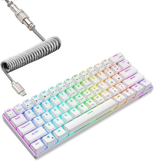 60% Mechanical Keyboard with Coiled Cable, 2.4Ghz/Bluetooth/Wired, Wireless Bluetooth Mini Keyboard 61 Keys, RGB Hot Swappable Blue Switch Gaming Keyboard