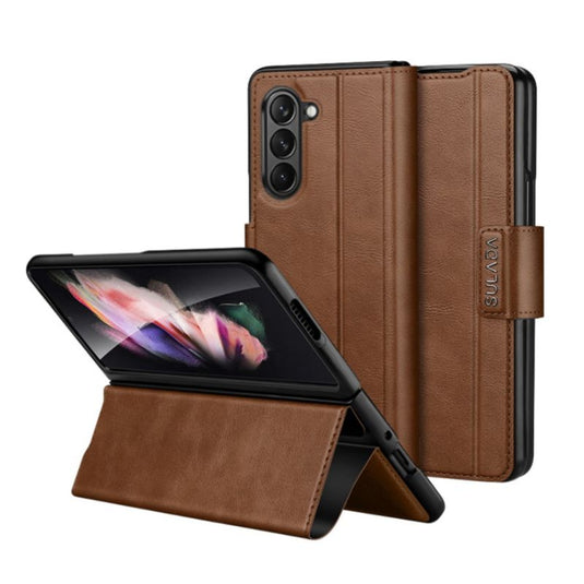 Samsung Galaxy Z Fold 6 Full-wrap Plain Leather Foldable Stand Magnetic Closure Case