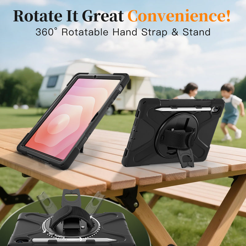 Load image into Gallery viewer, Samsung Galaxy Tab S11 (2025) 11&quot; - Heavy Duty 360 Degree Rotate Stand Hand Strap Case With Shoulder Strap
