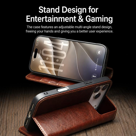 [With Card Slot] Apple iPhone 17 / 18 Pro - Genuine Leather Flip Stand Wallet Series Case