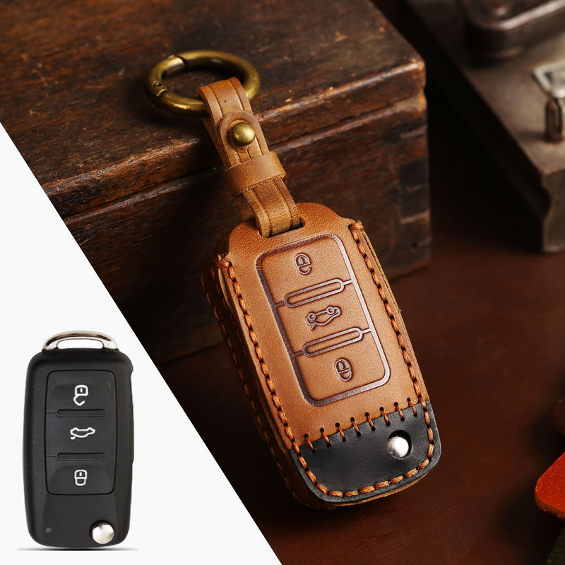 Load image into Gallery viewer, Volkswagen Handcrafted Genuine Leather Car Key Fob Case Cover For Passat, Golf, Magotan, Jetta, Tiguan
