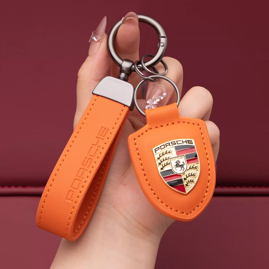 Porsche Crest Car Keychain Genuine Leather For Panamera, Cayenne, 911, Macan, Taycan