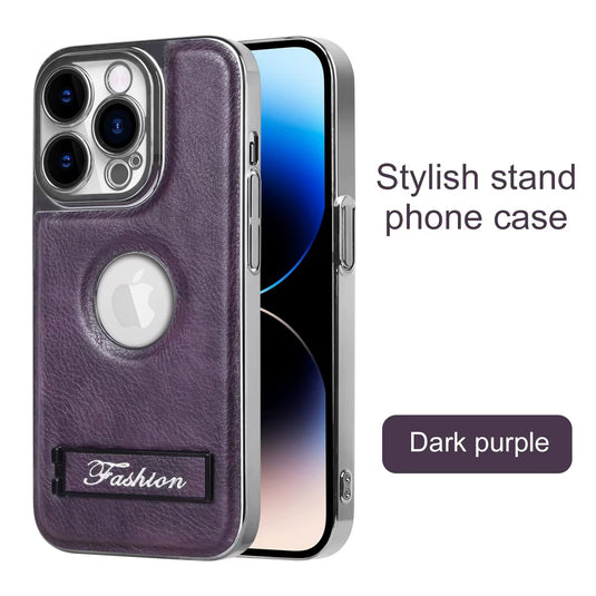 [Built-in Stand] Apple iPhone 15/Pro/Pro Max Electroplated Leather Full-protection Shockproof Stand Series Case