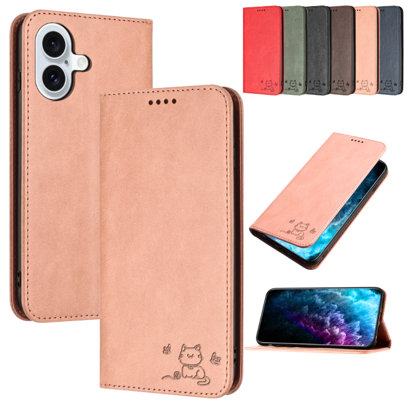 Load image into Gallery viewer, [With Card Slot] Apple iPhone 12/Pro/Pro Max Cat Embossed Flip Shockproof Genuine Leather Series Case
