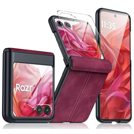 Motorola Moto Razr 50 Ultra/Razr Plus 2024 - Hinge Protection & Thin PU Leather Matte PC Shockproof Case With 1PC Tempered Glass Outer Screen Protector