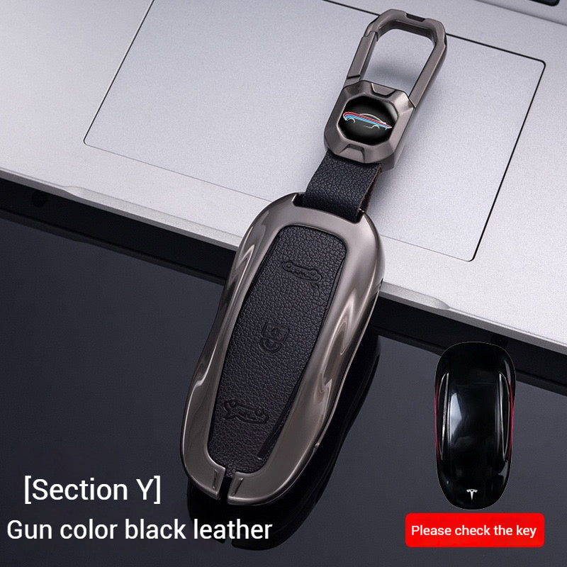Load image into Gallery viewer, Tesla Metal + PU Leather Smart Car Key Fob Case for Model 3, S, Y, X
