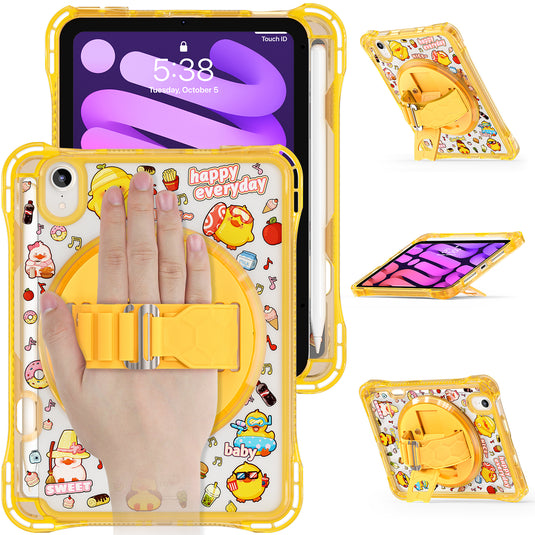 [Built-in Pen Slot][With Shoulder Strap] Apple iPad Mini 6/7 8.3'' 6/7th Gen (2021/2024) Cartoon Kids Transparent Anti-Drop Protective Stand Case