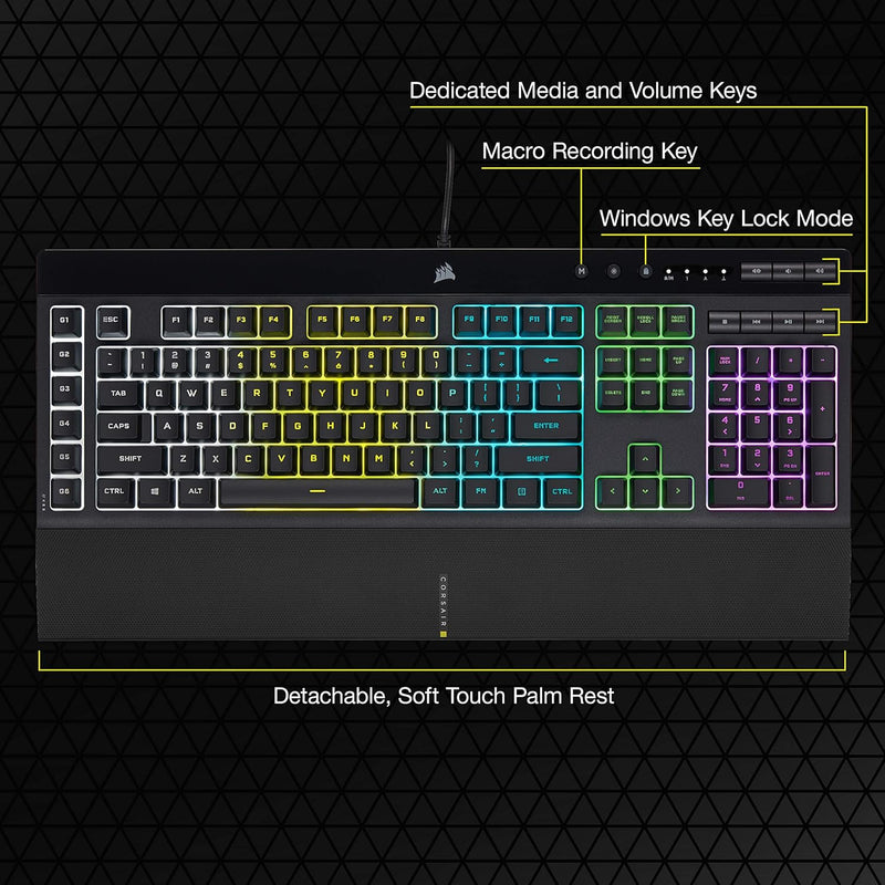 Load image into Gallery viewer, Corsair K55 RGB PRO Wired Membrane Gaming Keyboard (Dynamic Per-Key RGB Backlighting, 6 Macro Keys w/Elgato Software Integration, IP42 Dust and Spill-Resistant, Detachable Palm Rest) QWERTY, Black
