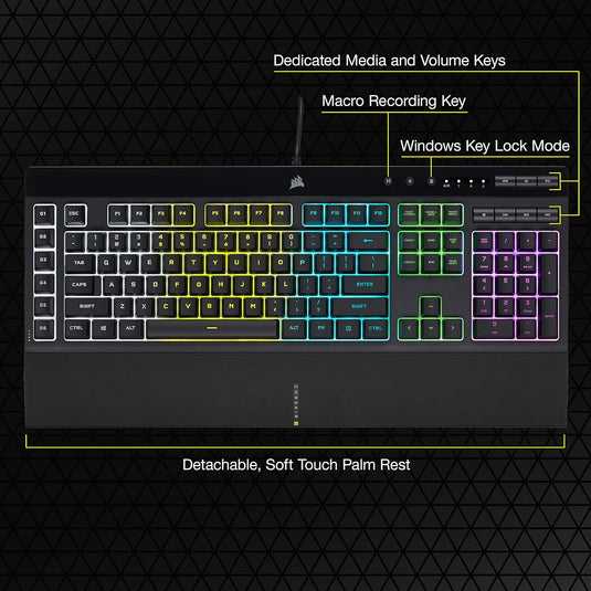 Corsair K55 RGB PRO Wired Membrane Gaming Keyboard (Dynamic Per-Key RGB Backlighting, 6 Macro Keys w/Elgato Software Integration, IP42 Dust and Spill-Resistant, Detachable Palm Rest) QWERTY, Black