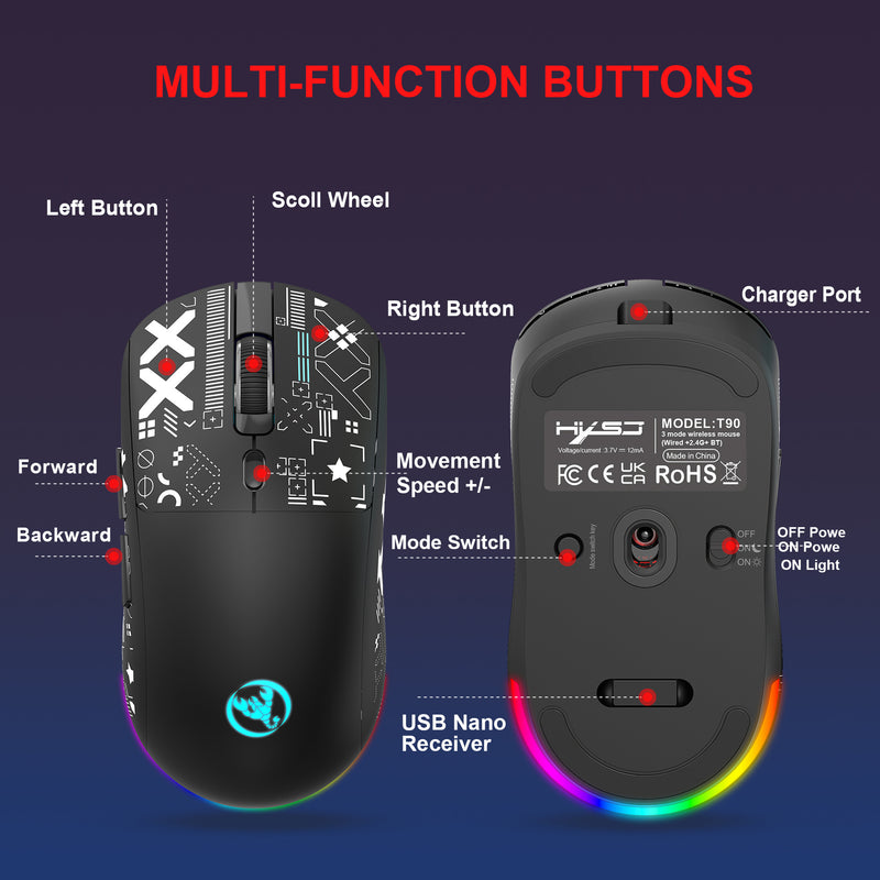 Load image into Gallery viewer, Three-Mode Wireless Bluetooth Mouse Lightweight Noise-Fre 7 Colors RGB Gaming Mouse 3600-DPI
