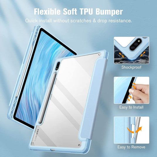 [With Pen Slot] Samsung Galaxy Tab S7 Plus/S7 FE/S8 Plus 12.4" - Transparent Acrylic Back Stand Tablet Case