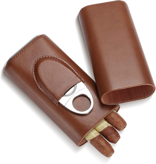 [Holds Up To 3 Cigars] Portable PU Leather Cigar Accessories & Humido