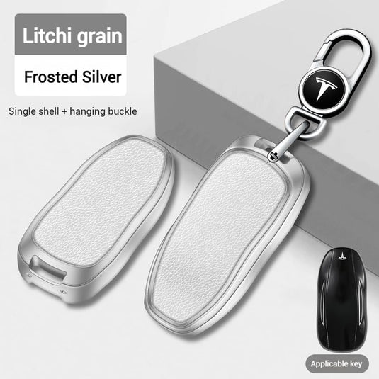 Tesla Metallic Finish + Lychee Pattern Car Key Fob Case for Model 3, Y, X, S