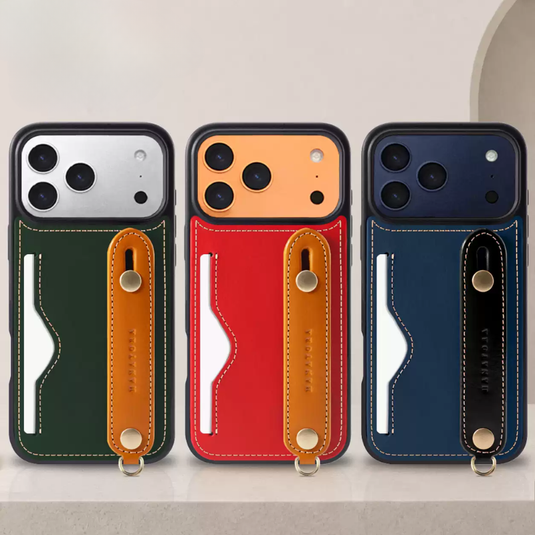 [With Card Slot] Apple iPhone 17 & 17e & Air & Pro & Pro Max - HANATORA Business Premium Genuine Leather Phone Case with Contrast Wrist Strap