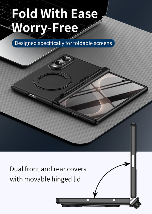 [With Front Screen Protector & Stylus Holder] Samsung Galaxy Z Fold 8 (SM-F971) - 360° Rotating Matte Hard Shell Case with Stand