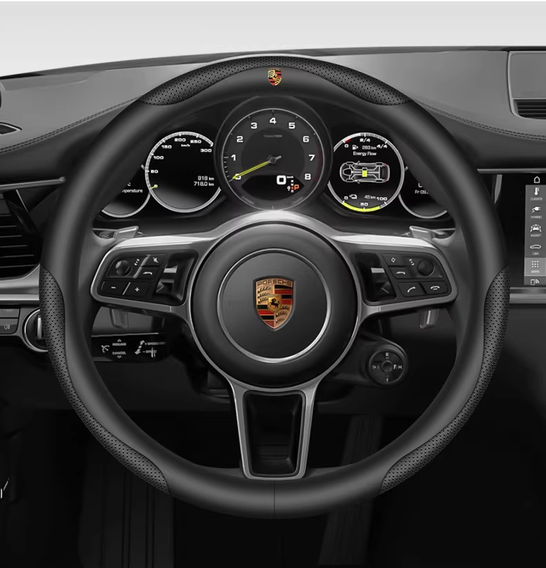 Load image into Gallery viewer, Porsche Genuine Leather Spliced Design with Breathable &amp; Anti-Slip Grip Steering Wheel Cover For 718, Macan, Cayenne, Panamera, 911
