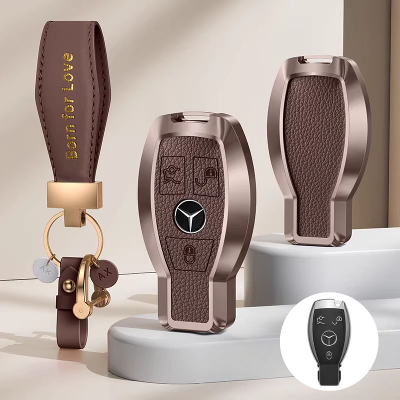 Load image into Gallery viewer, Mercedes Benz Aluminum Alloy Leather Car Key Fob Case Cover For Benz A, C, E, S, G-Class, GLA, GLB, GLC, GLE, GLS, CLA, CLS, EQC
