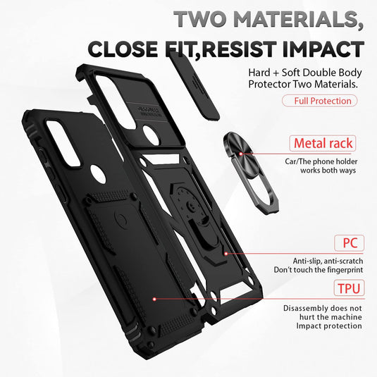 [Magnetic Ring Kickstand][Slide Camera Cover] Motorola Moto G Play 2023/Moto G Pure/Moto G Power 2022 - Shield Shockproof Rugged Heavy Duty Case With 2PC 9H Glass Screen Protector