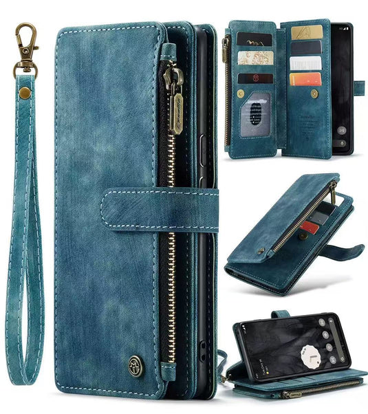 [With Card Slot][Magsafe Compatible] Google Pixel 7/7A/7 Pro - Lanyard PU Leather Flip Wallet With Zip Series Stand Case