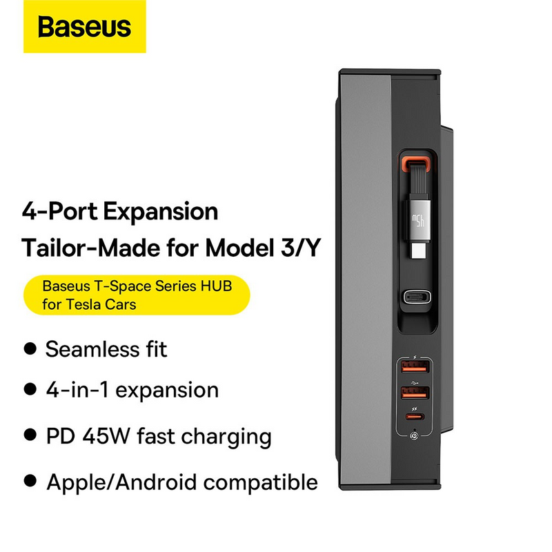 Load image into Gallery viewer, Baseus T-Space Series HUB for Tesla Cars (With a retractable 45W type-C cable) - Cluster Black

