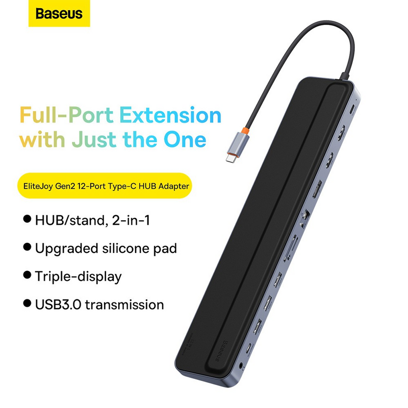 Load image into Gallery viewer, Baseus EliteJoy Gen2 12-Port Type-C HUB Adapter (Type-C to HDMI*2+USB3.0*3+PD*1+DP*1+SD/TF*1+RJ45*1+Type-C Data*1+3.5mm*1) - Dark Gray - i-Station Mobile Phone &amp; Electronic Device Repair and Accessories
