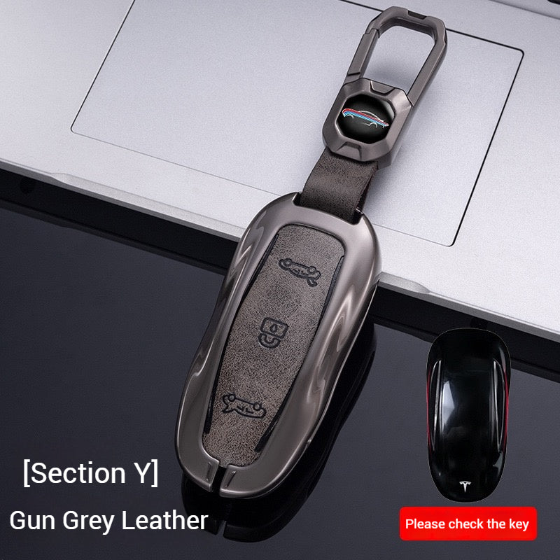 Load image into Gallery viewer, Tesla Metal + PU Leather Smart Car Key Fob Case for Model 3, S, Y, X

