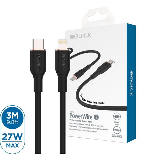 iQuick PowerWire 1 Series TPE Charging Data Cable Type-C to iP 3m