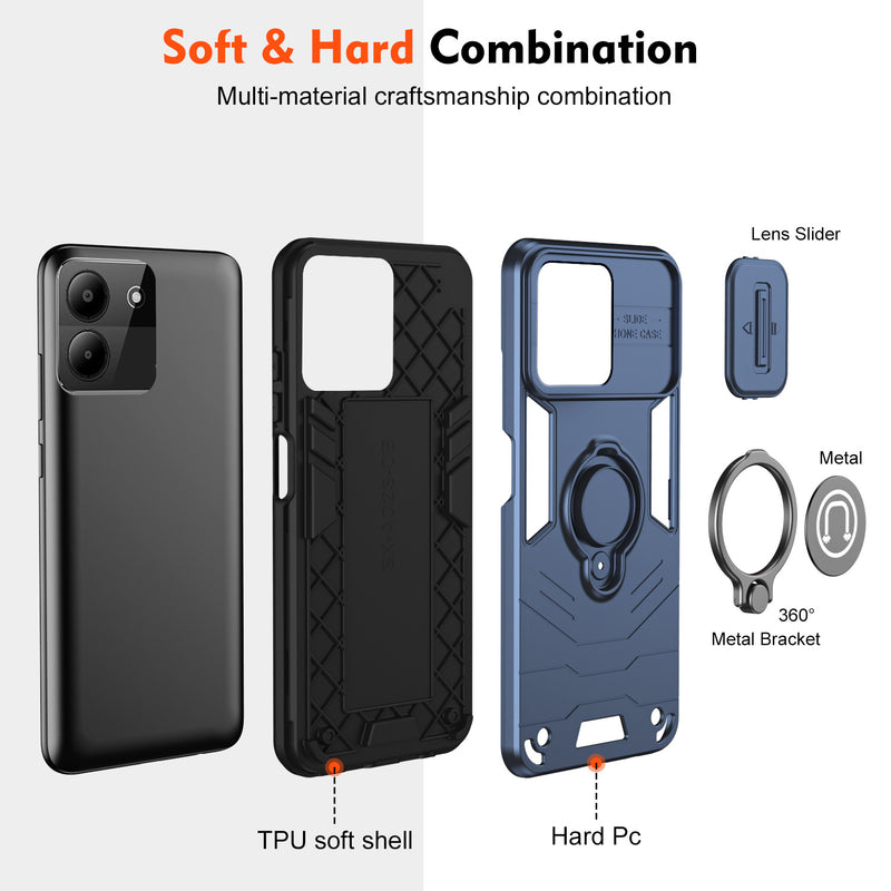 Load image into Gallery viewer, [Built-in Ring Bracket][With Slide Lens Cover] ZTE Blade A34 Mecha-style Anti-slip Protective Hard Heavy Duty Series Case
