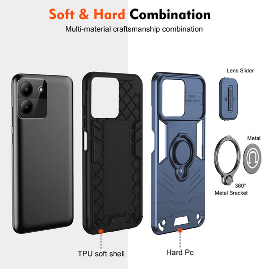 [Built-in Ring Bracket][With Slide Lens Cover] ZTE Blade A34 Mecha-style Anti-slip Protective Hard Heavy Duty Series Case