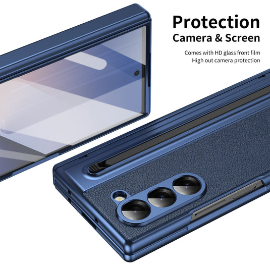 [Built-in Card Slot] Samsung Galaxy Z Fold7 Folding Electroplated PU Leather Case with Tempered Glass Screen Protector
