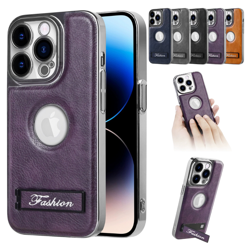 Load image into Gallery viewer, [Built-in Stand] Apple iPhone 15/Pro/Pro Max Electroplated Leather Full-protection Shockproof Stand Series Case
