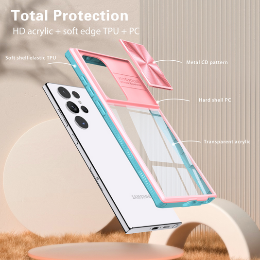 [With Slide Len Cover] Samsung Galaxy S24 SM-S921/Plus SM-S926/Ultra SM-S928 Transparent Shockproof Phone Essentials Series Case