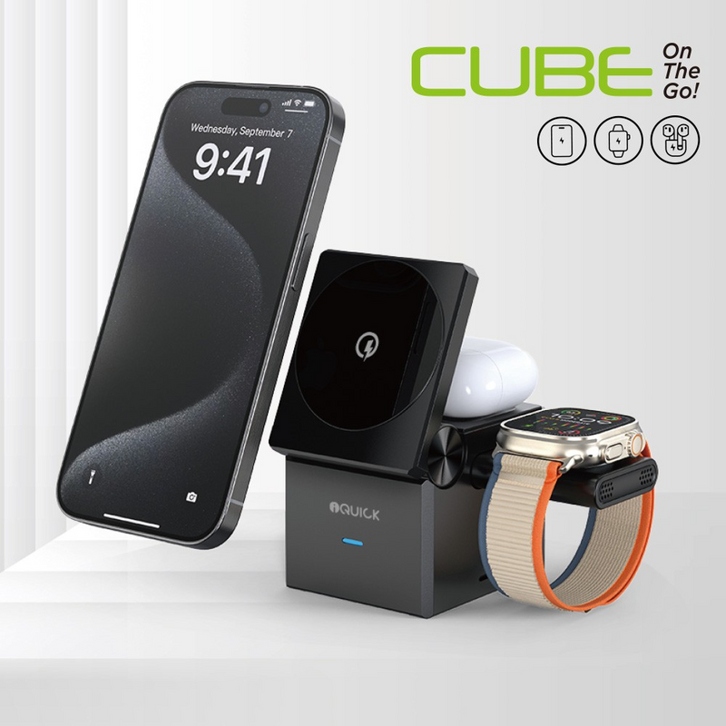 Load image into Gallery viewer, iQuick CUBE T1 3 in 1 Foldable Wireless Charger Stand Galaxy/ Apple Watch Pads
