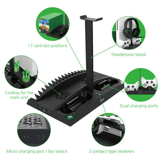 [With Built-in Cooling Fan] Xbox One 6 in 1 Multi-function Vertical Charging Dock Base  for Xbox One Game Controller Charging Station with Headset Stand