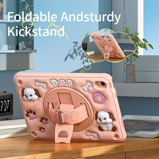 [With Shoulder Strap] Apple iPad 10 / 10th (2022) 10.9" - Kid Friendly Pink Cartoon Dog Heavy Duty Stand Series