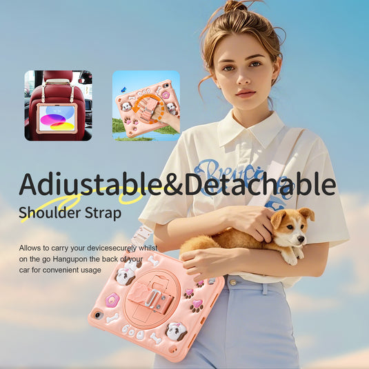 [With Shoulder Strap] Apple iPad 10 / 10th (2022) 10.9" - Kid Friendly Pink Cartoon Dog Heavy Duty Stand Series