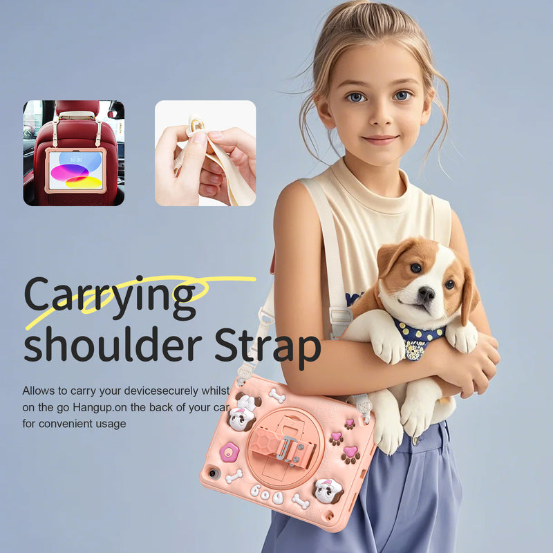 Load image into Gallery viewer, [With Shoulder Strap] Apple iPad 10 / 10th (2022) 10.9&quot; - Kid Friendly Pink Cartoon Dog Heavy Duty Stand Series
