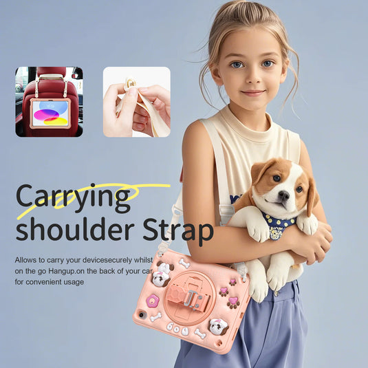 [With Shoulder Strap] Apple iPad 10 / 10th (2022) 10.9" - Kid Friendly Pink Cartoon Dog Heavy Duty Stand Series