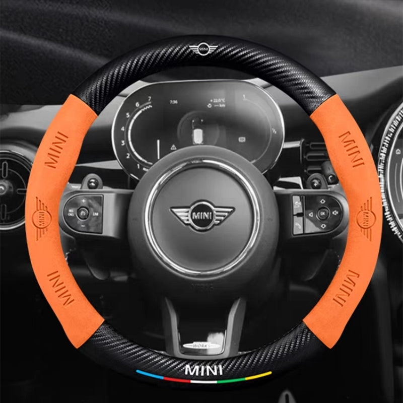 Load image into Gallery viewer, BMW Mini Cooper Luxury Carbon Fiber Leather Steering Wheel Cover – Soft Suede Touch, Enhanced Grip &amp; Steering Wheel Protection
