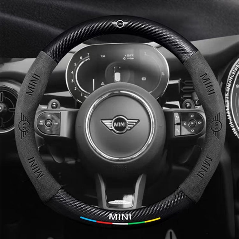 Load image into Gallery viewer, BMW Mini Cooper Luxury Carbon Fiber Leather Steering Wheel Cover – Soft Suede Touch, Enhanced Grip &amp; Steering Wheel Protection
