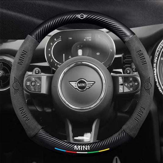 BMW Mini Cooper Luxury Carbon Fiber Leather Steering Wheel Cover – Soft Suede Touch, Enhanced Grip & Steering Wheel Protection