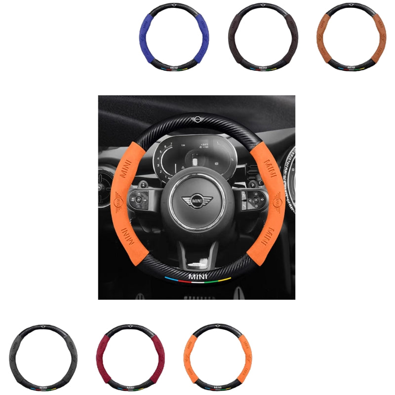 Load image into Gallery viewer, BMW Mini Cooper Luxury Carbon Fiber Leather Steering Wheel Cover – Soft Suede Touch, Enhanced Grip &amp; Steering Wheel Protection
