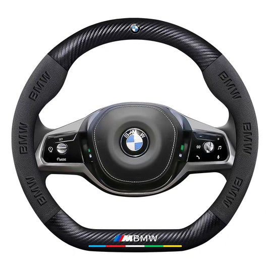 BMW iX3/4/5/6 Luxury Carbon Fiber Leather Steering Wheel Cover – Soft Suede Touch, Enhanced Grip & Steering Wheel Protection