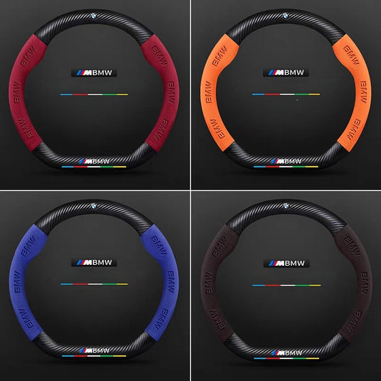 BMW iX3/4/5/6 Luxury Carbon Fiber Leather Steering Wheel Cover – Soft Suede Touch, Enhanced Grip & Steering Wheel Protection
