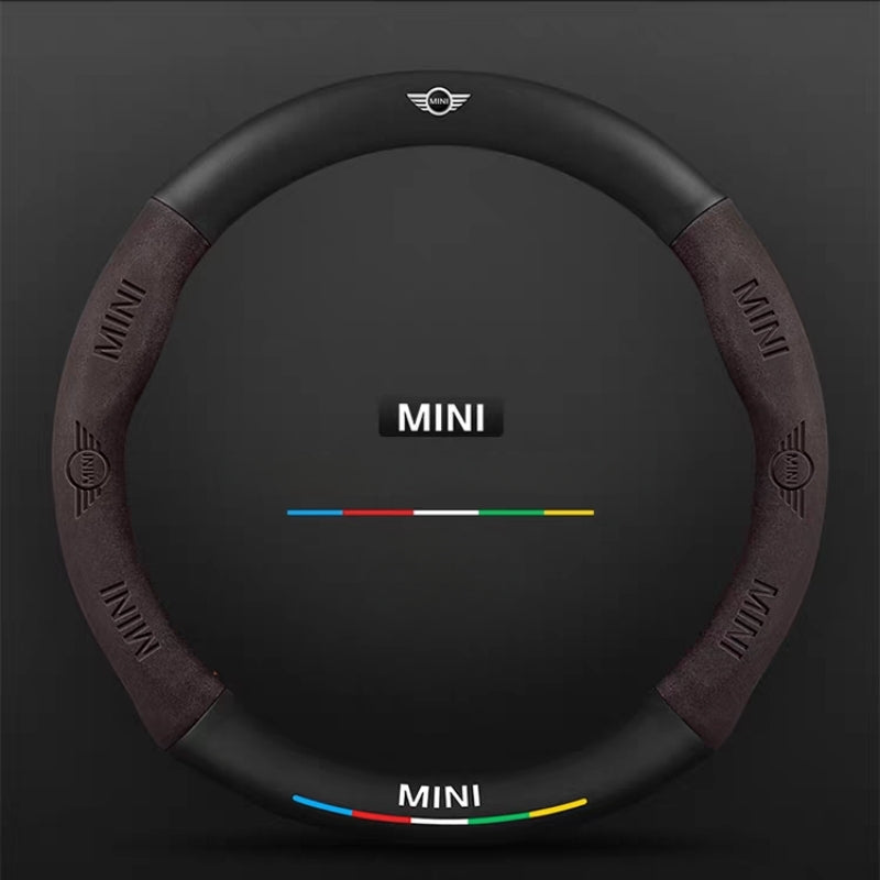 Load image into Gallery viewer, BMW Mini Cooper Leather-Texture Suede Steering Wheel Cover – Non-Slip, Durable, Sporty Feel &amp; Steering Wheel Protection
